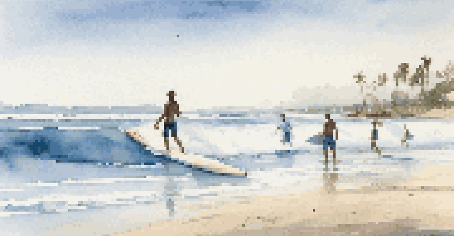 A beginner surfer practicing on a soft-top surfboard in calm waters with a clear blue sky and gentle waves in the background.