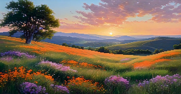 A tranquil landscape scene at golden hour, with colorful wildflowers in the foreground and distant mountains under an orange and pink sky.