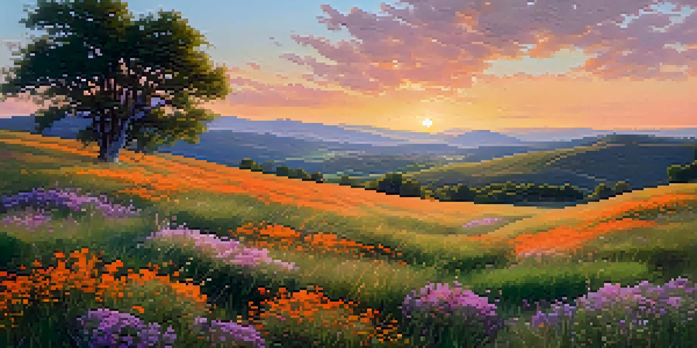 A tranquil landscape scene at golden hour, with colorful wildflowers in the foreground and distant mountains under an orange and pink sky.