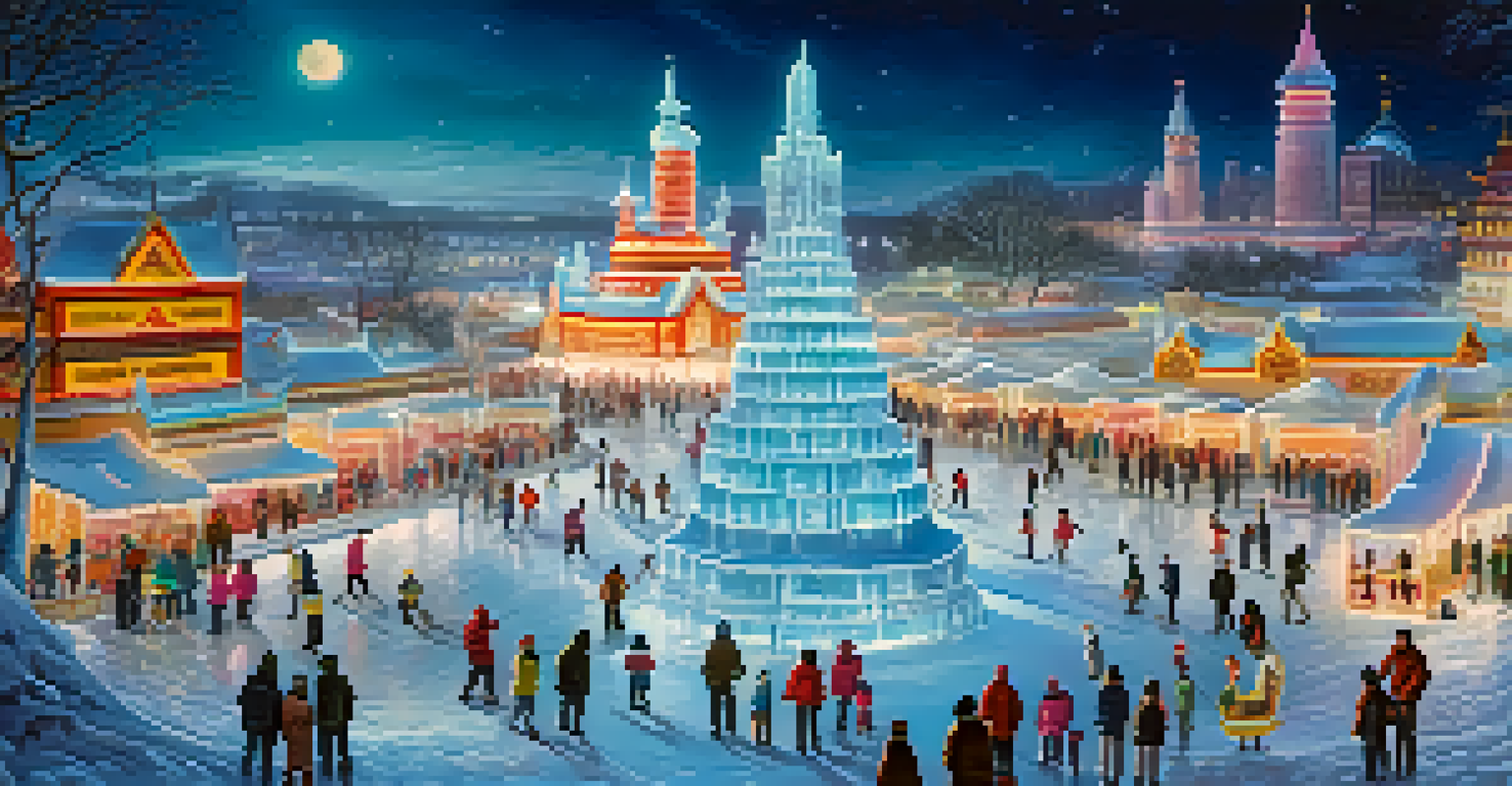 A magical winter scene from the Harbin Ice and Snow Festival in China, showcasing illuminated ice sculptures and families enjoying ice slides.