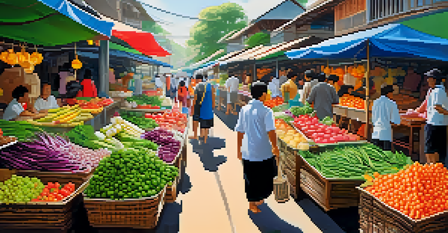 A bustling Thai market filled with colorful fruits and vegetables, with a person selecting fresh ingredients.