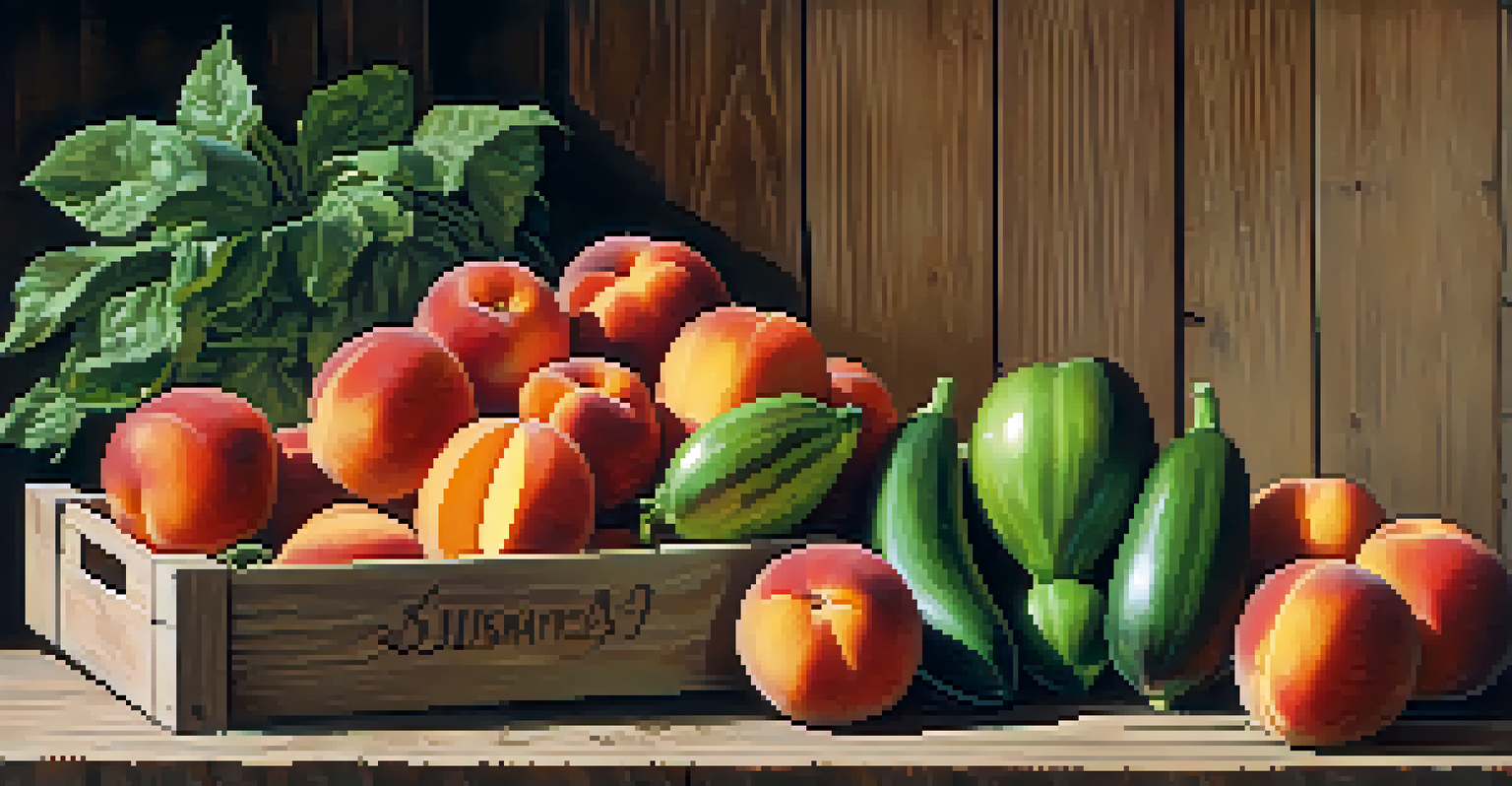 A beautifully arranged display of seasonal fruits and vegetables on a wooden stall, showcasing vibrant colors and freshness.