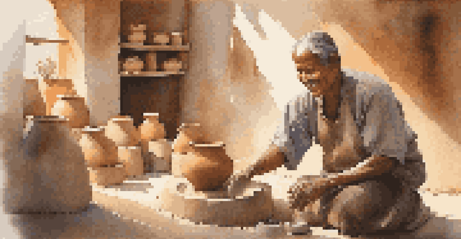 An artisan creating pottery in a sunlit workshop, smiling at a visitor who is asking for a photo, with warm tones and soft shadows.