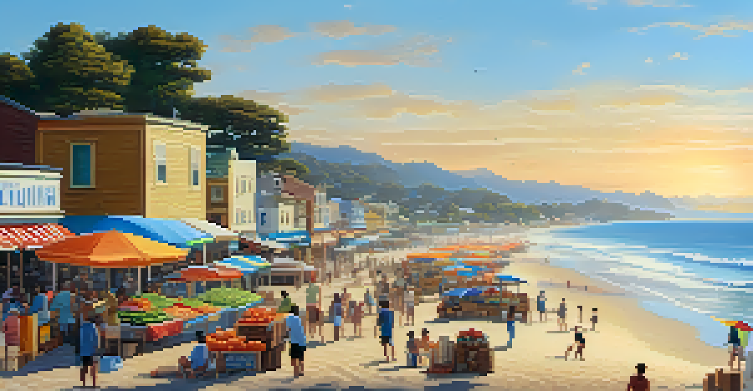 A serene beach town with empty sandy beaches and a local market, illuminated by a golden sunset.