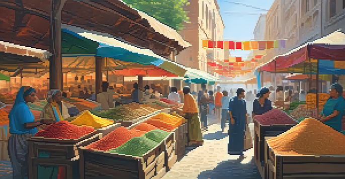 A bustling outdoor market filled with colorful spices, fresh fruits, and lively vendors, bathed in warm sunlight.