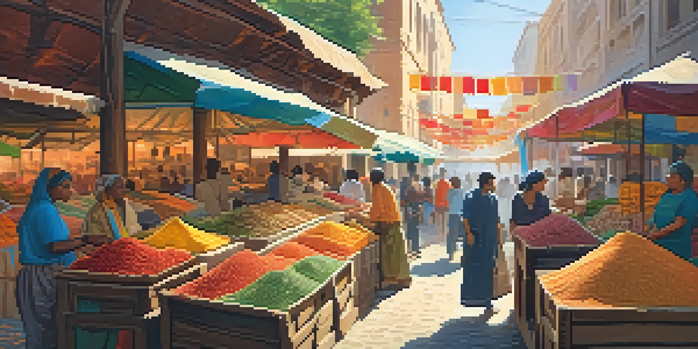 A bustling outdoor market filled with colorful spices, fresh fruits, and lively vendors, bathed in warm sunlight.