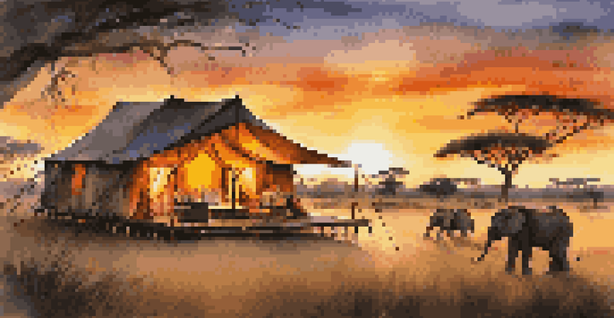 A luxurious safari tent with elegant furnishings, overlooking the savannah at sunset with elephants in the distance.