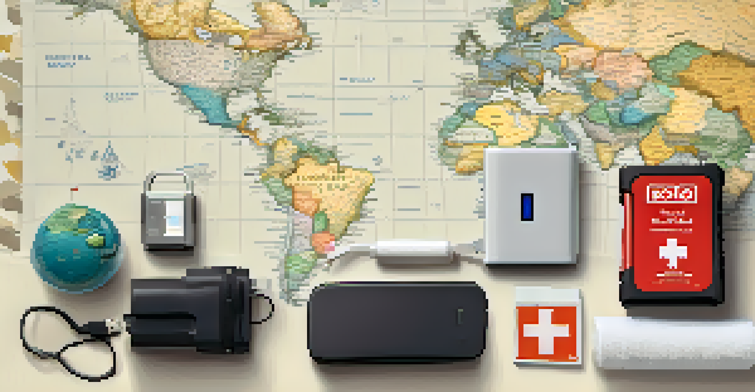 Essential travel items such as a power bank, travel adapter, towel, and first aid kit arranged on a table with a world map in the background.