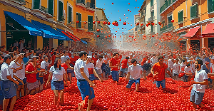 Participants enjoying the La Tomatina festival in Buñol, Spain, throwing tomatoes and covered in juice, with colorful decorations in the background.