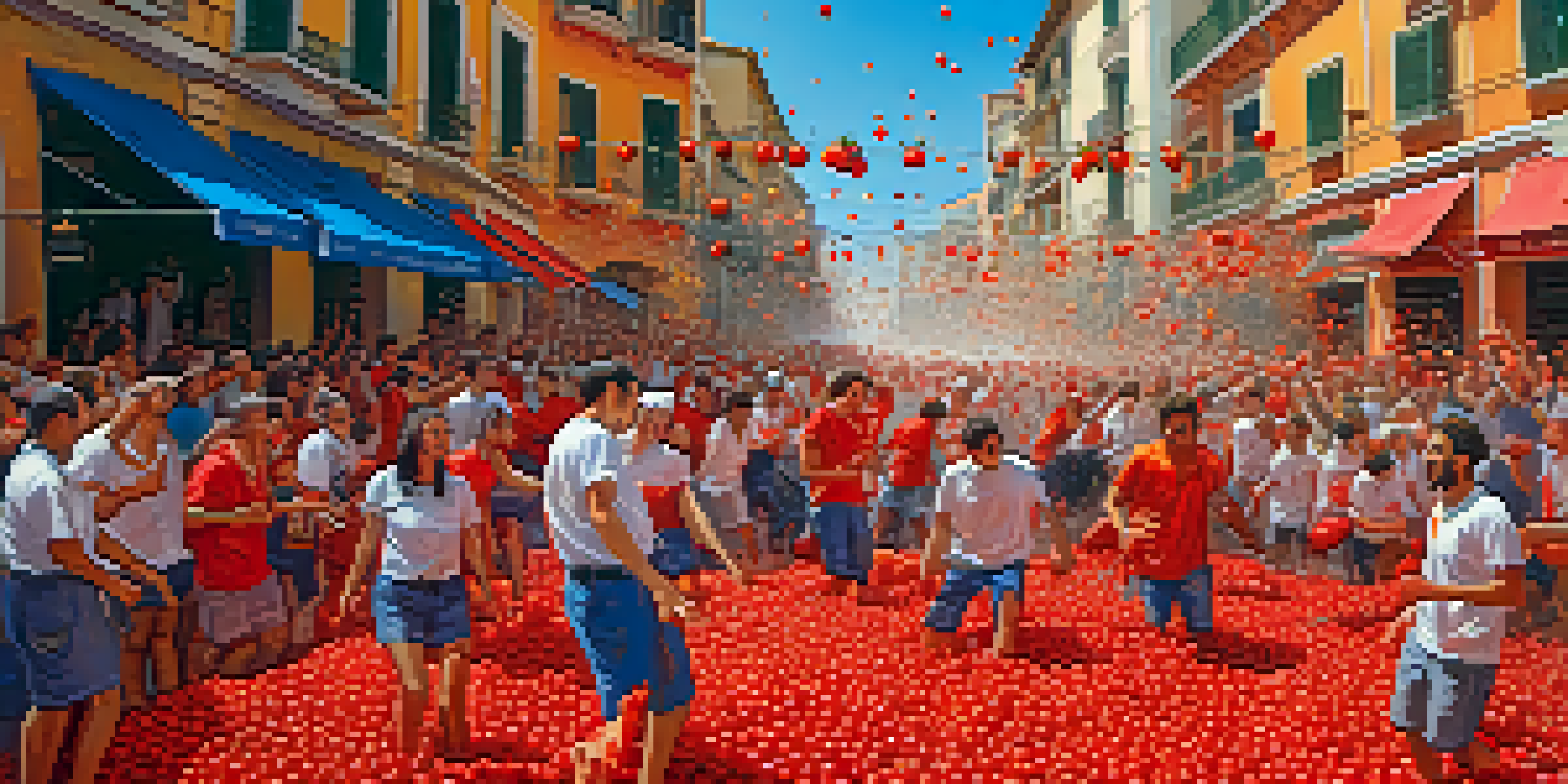 Participants enjoying the La Tomatina festival in Buñol, Spain, throwing tomatoes and covered in juice, with colorful decorations in the background.