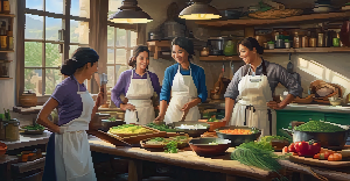 A group of travelers participating in a cooking class with local chefs in a warmly lit kitchen, surrounded by colorful ingredients and rustic cookware.