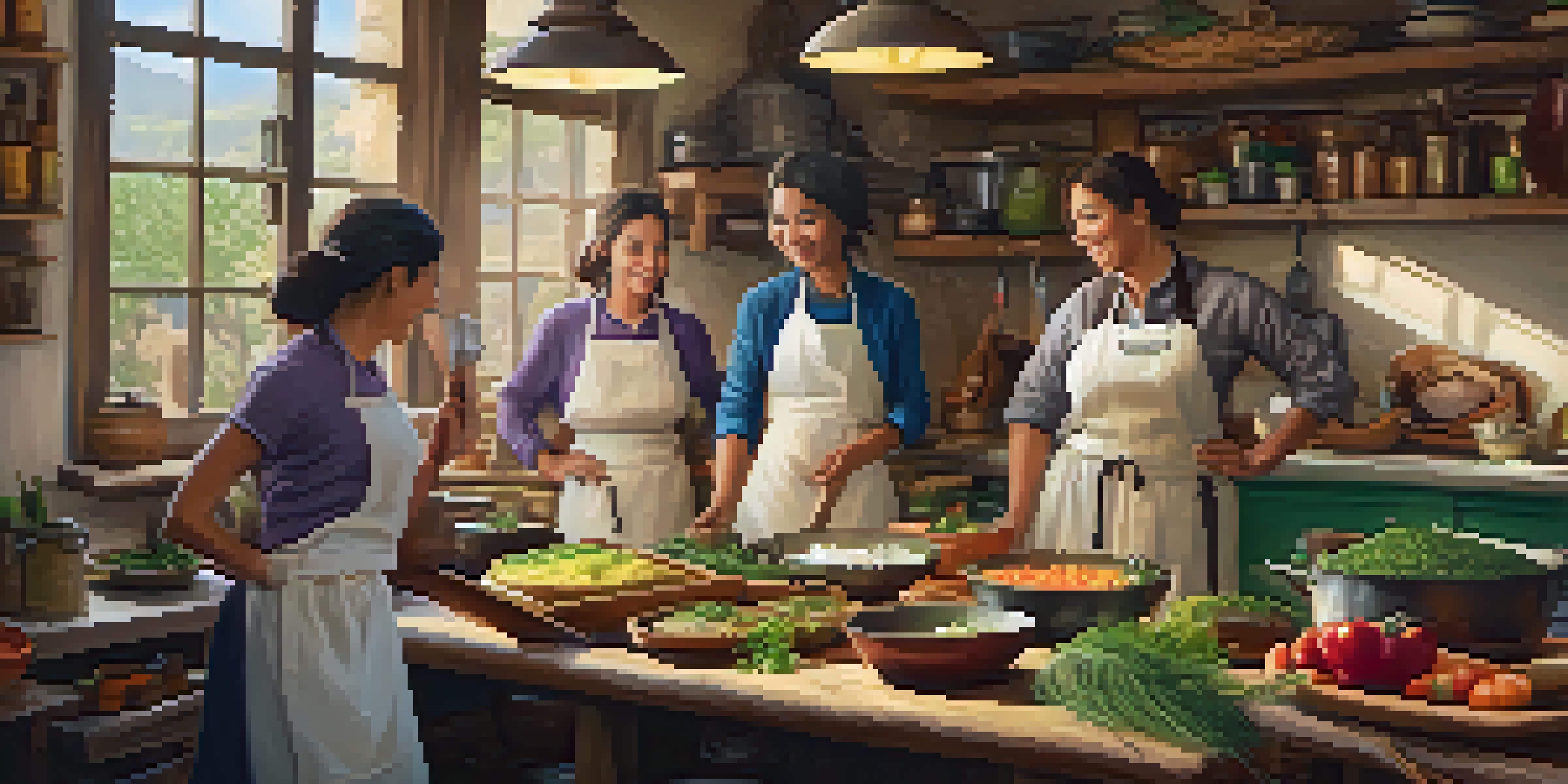 A group of travelers participating in a cooking class with local chefs in a warmly lit kitchen, surrounded by colorful ingredients and rustic cookware.