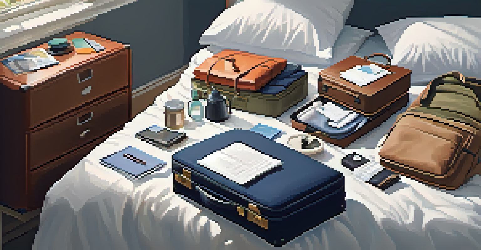 A neatly packed suitcase with clothing and travel documents on a bed, surrounded by a globe and a checklist.