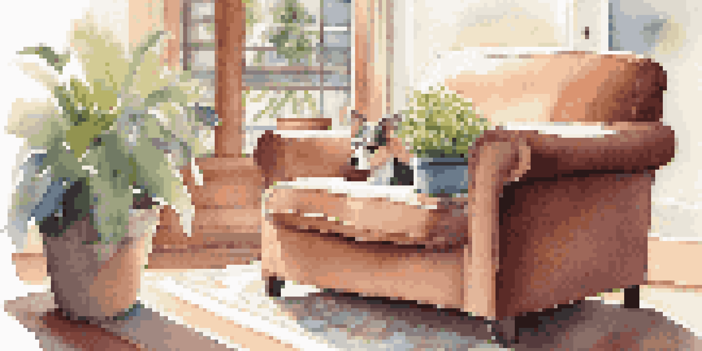 A soft-sided pet carrier in a bright living room with a small dog peeking out, sunlight streaming through the window.