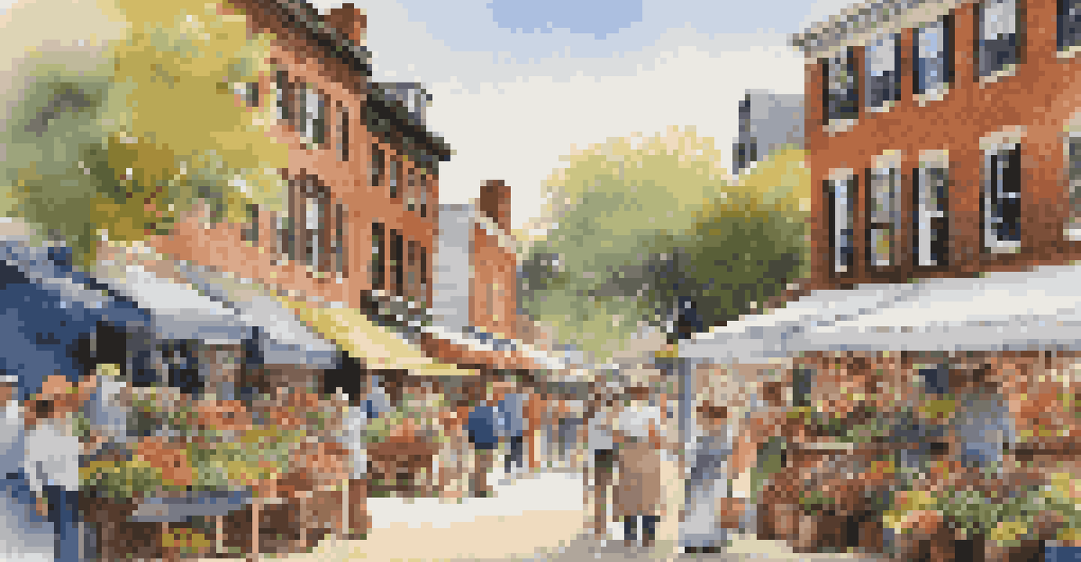 A lively marketplace scene in Merchants Square, filled with artisan shops and shoppers exploring unique crafts.
