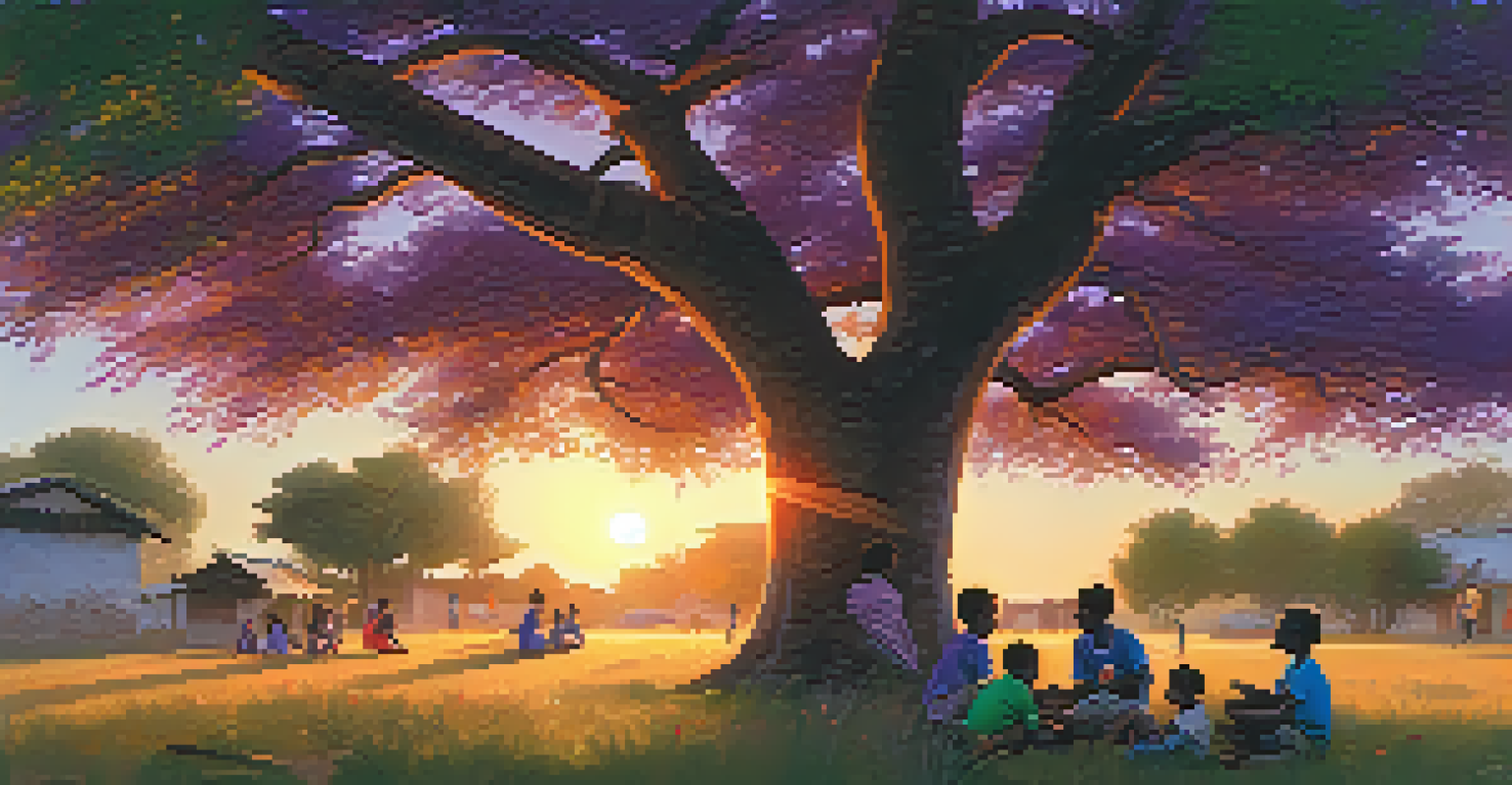 A volunteer teaching children under a tree during sunset, with a colorful sky and engaged children.