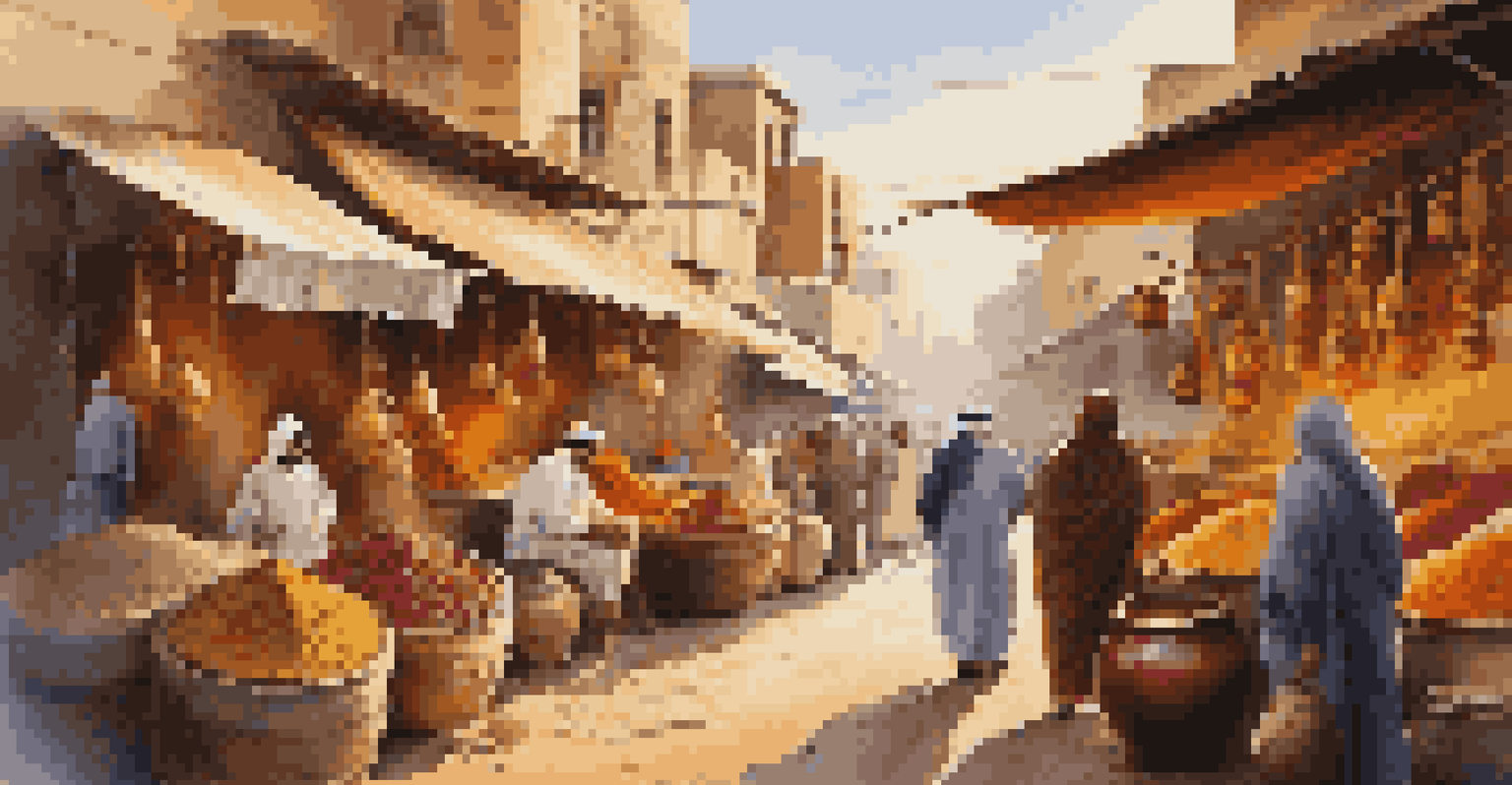 A lively Middle Eastern market showcasing colorful spices, pottery, and textiles under warm golden light.