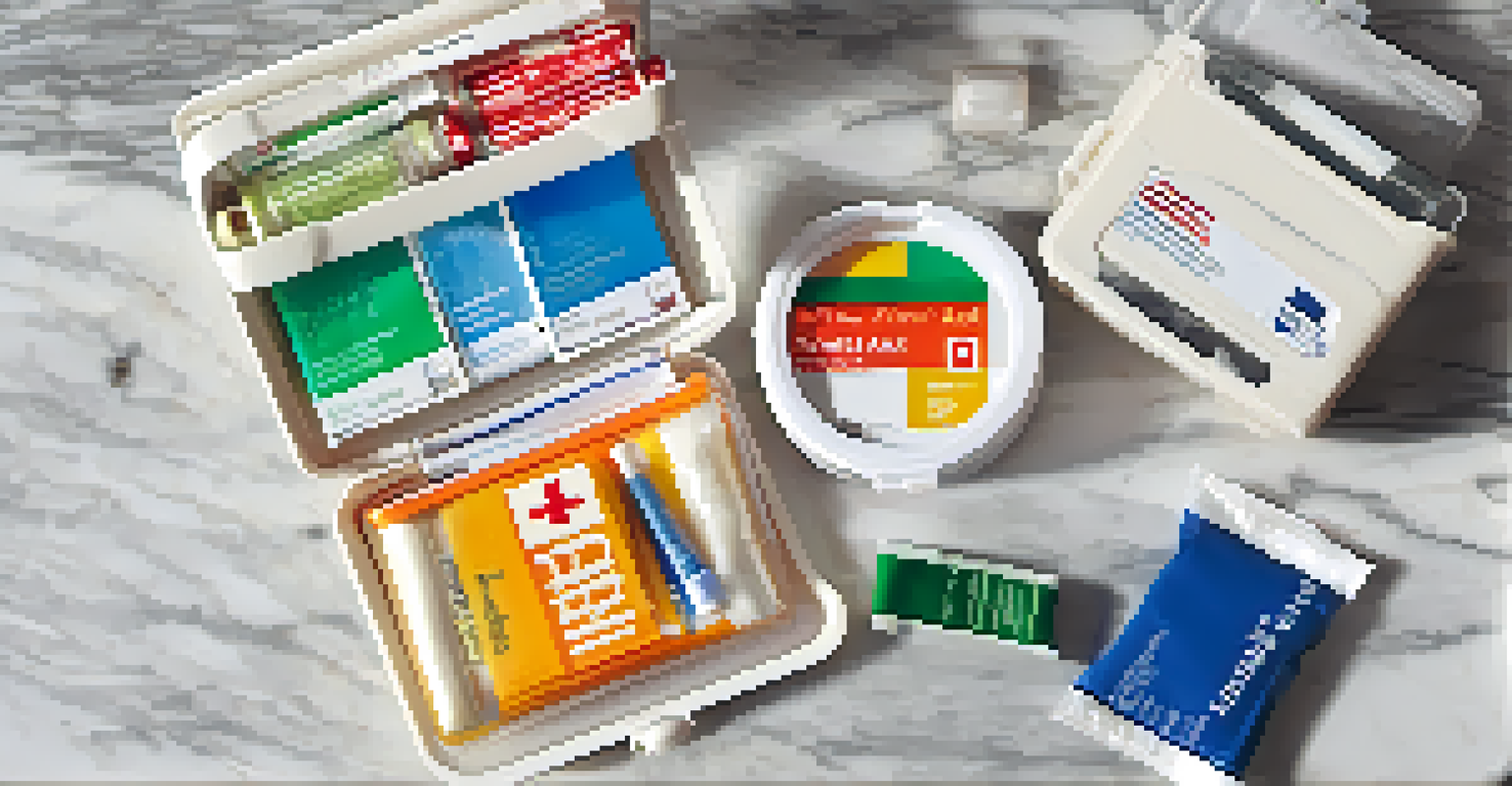 An open first-aid kit on a marble countertop showing organized medical supplies, with a travel guidebook in the background, illuminated by soft lighting.