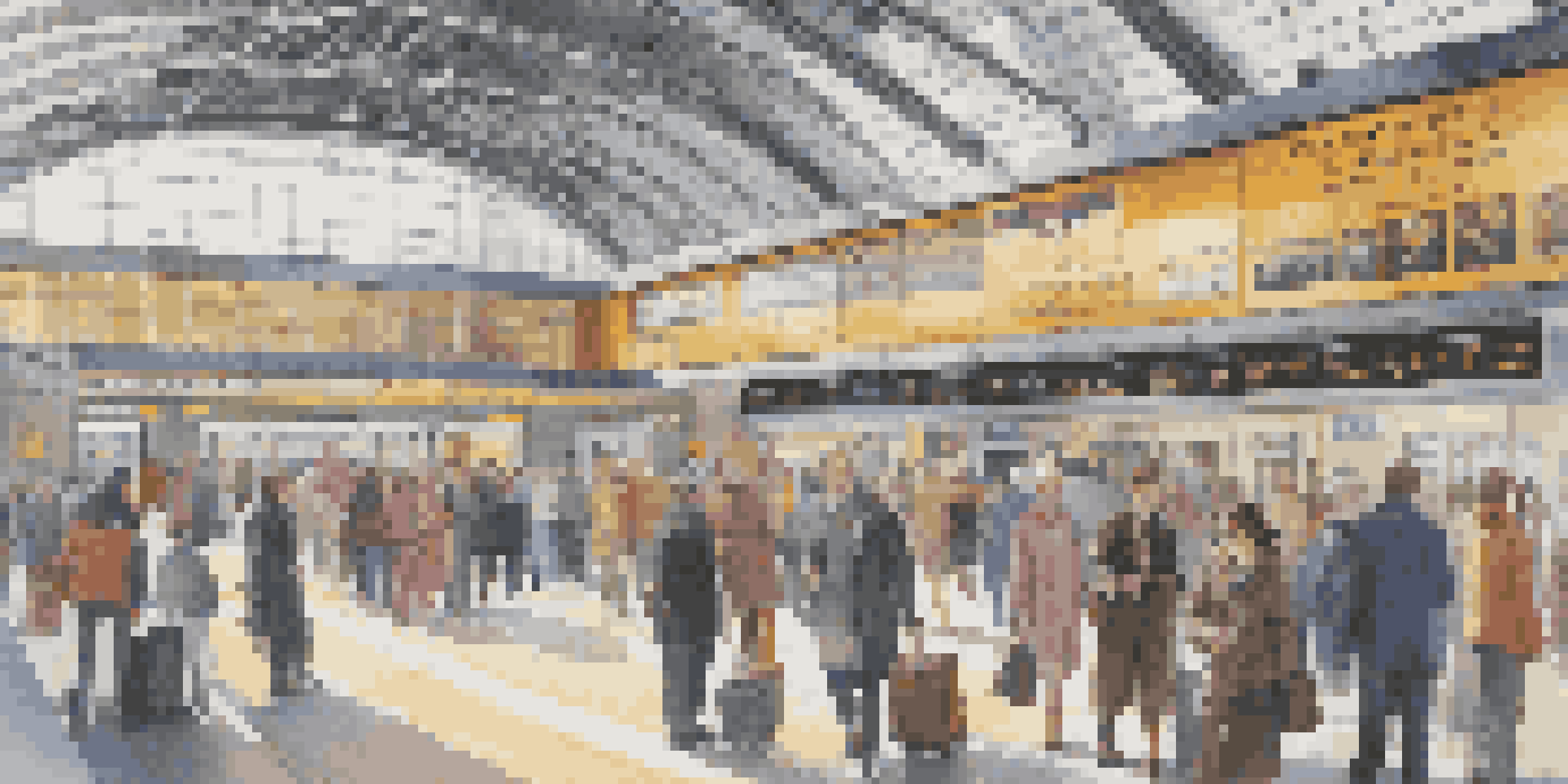 A busy train station filled with travelers at a ticket counter, with bright signage and an electronic schedule board in the background.