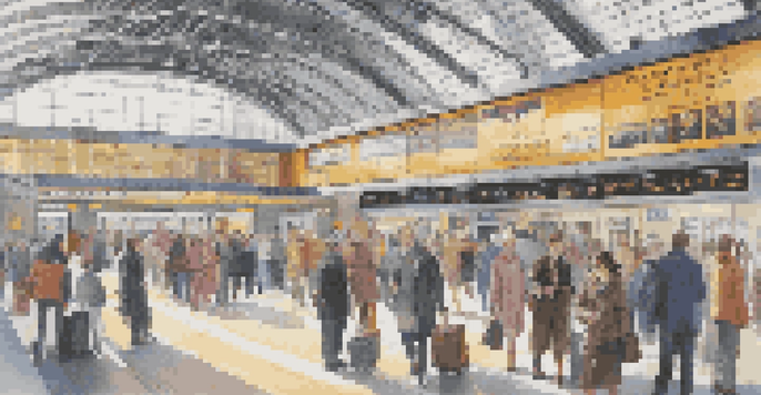 A busy train station filled with travelers at a ticket counter, with bright signage and an electronic schedule board in the background.