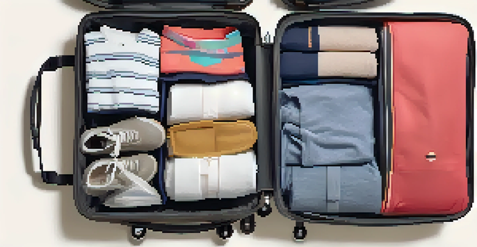 An open suitcase displaying rolled clothes and packing cubes arranged neatly, showcasing a smart packing method.