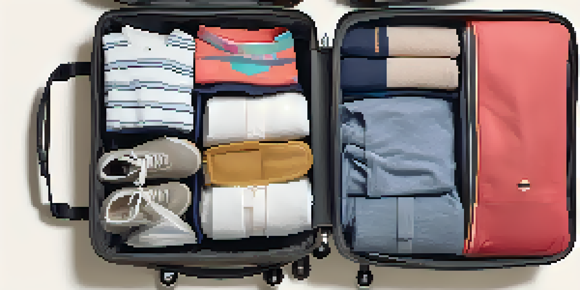 An open suitcase displaying rolled clothes and packing cubes arranged neatly, showcasing a smart packing method.