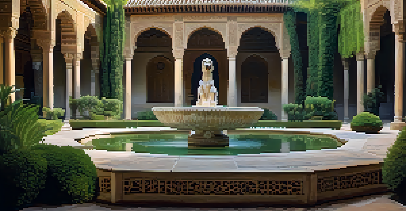 A close-up of the Court of the Lions in the Alhambra, showcasing the fountain and marble lions, surrounded by lush gardens.