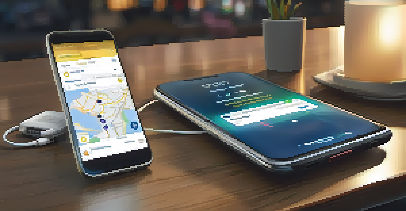 A smartphone showing travel apps and updates with a portable charger.