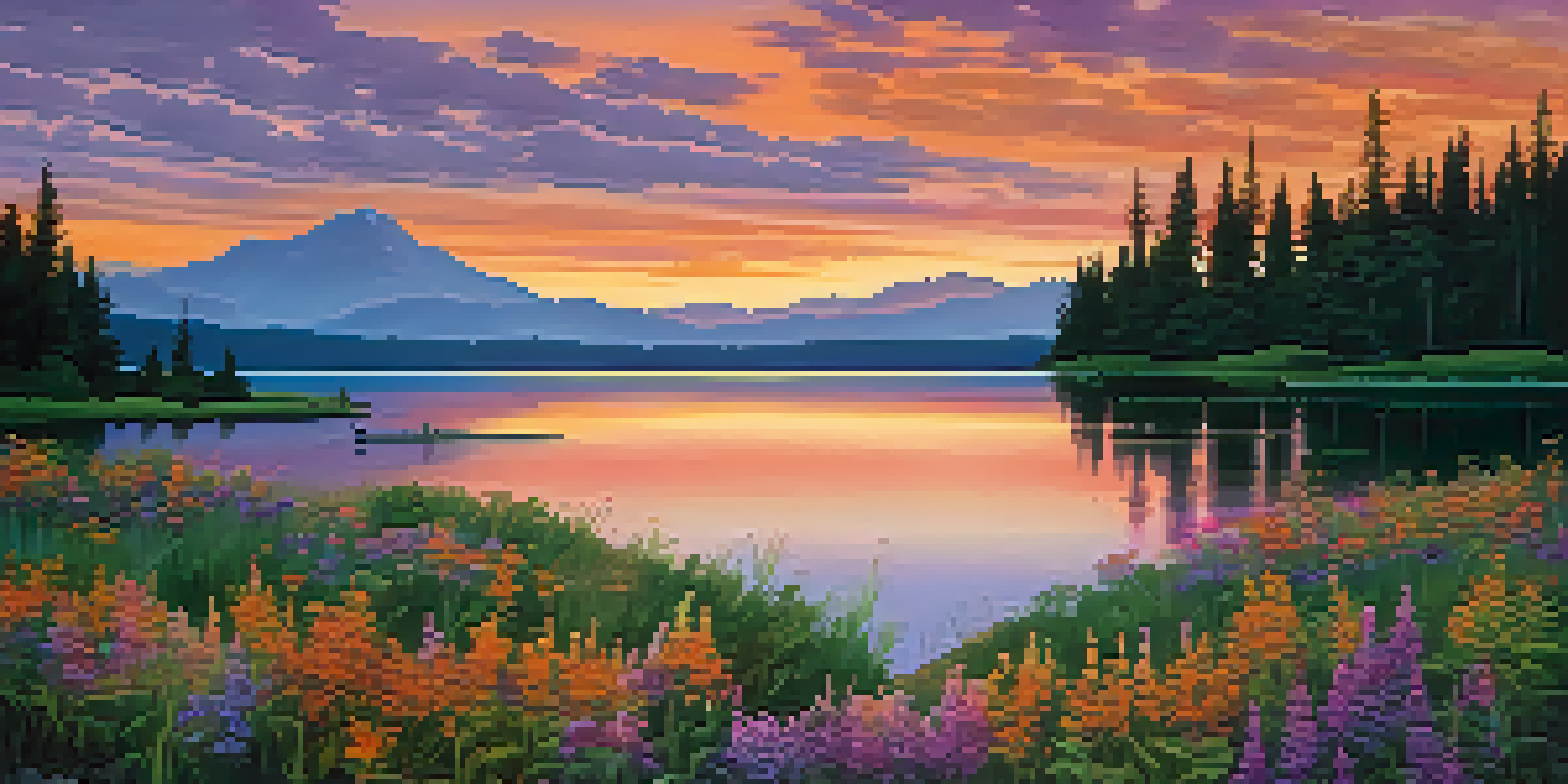 A beautiful sunset over a calm lake with mountains silhouetted in the background and colorful wildflowers in the foreground.