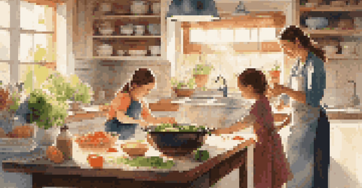 A family cooking together in a bright kitchen, with children helping and fresh ingredients around.