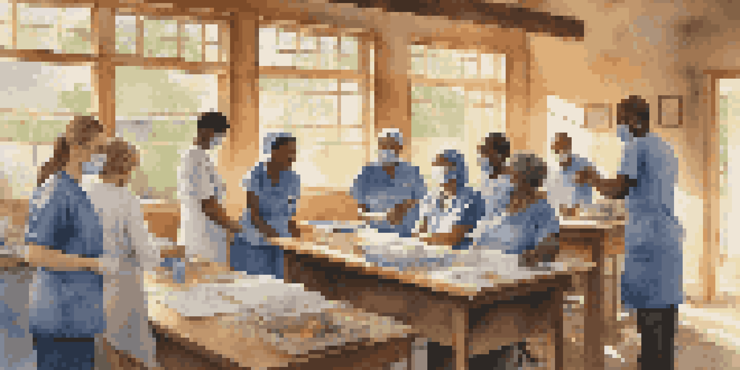 A diverse group of healthcare volunteers assisting local residents in a bright, welcoming rural clinic, showcasing compassion and teamwork.