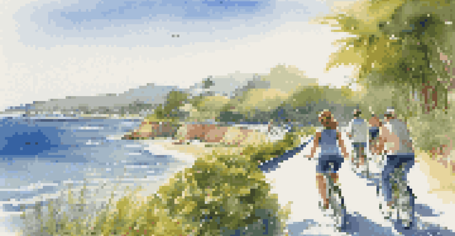 A scenic bike path along the coast with travelers enjoying a ride, surrounded by greenery and ocean waves under a clear sky.