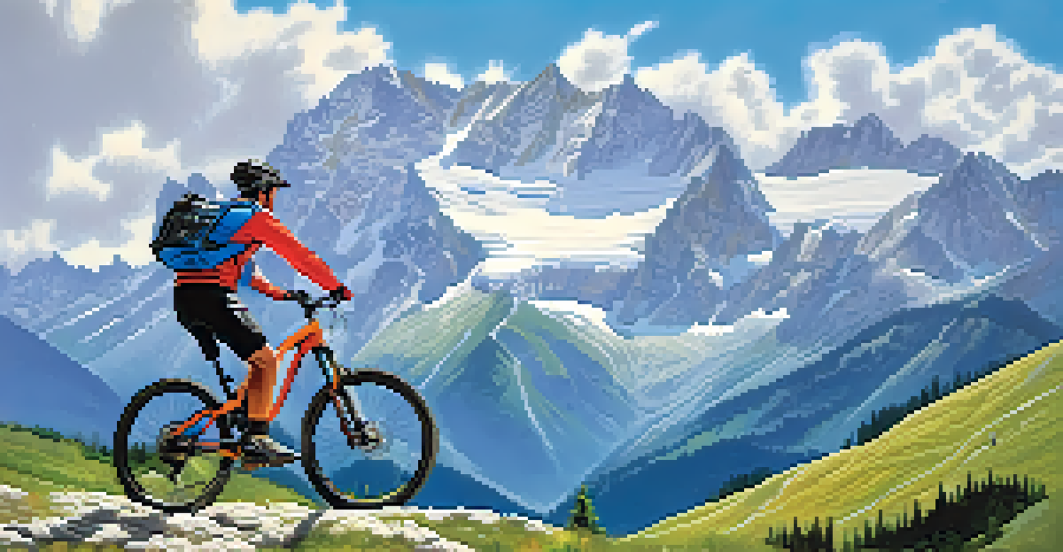 A scenic view of the Alps with a mountain biker climbing a steep trail against a backdrop of snow-capped mountains and a blue sky.