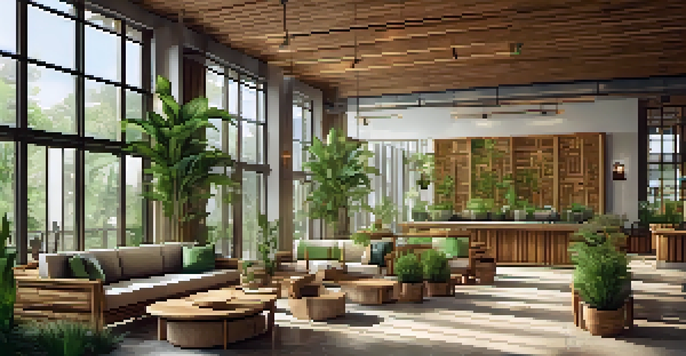 A welcoming lobby of an eco-friendly hotel with bamboo furniture and large windows filled with natural light, decorated with plants and earthy colors.