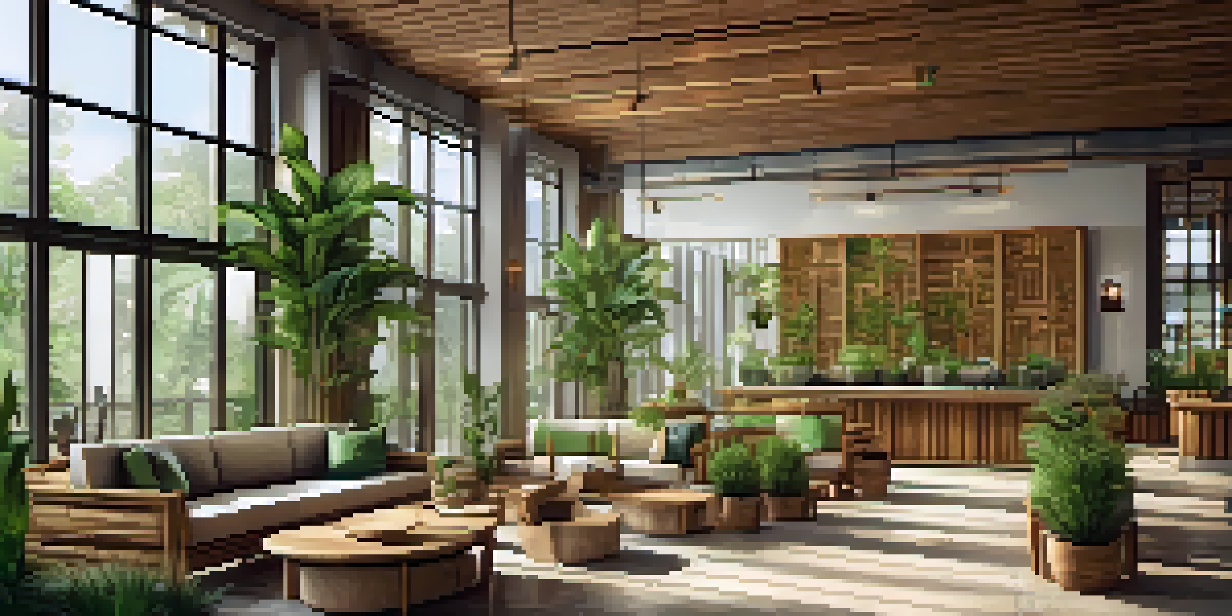 A welcoming lobby of an eco-friendly hotel with bamboo furniture and large windows filled with natural light, decorated with plants and earthy colors.