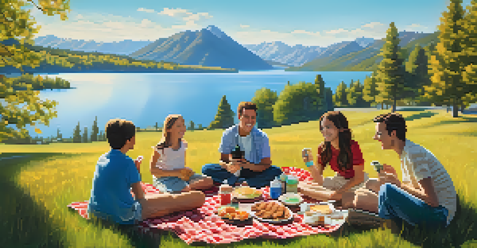 A family having a picnic by the lakeside with snacks and a camera, surrounded by mountains and trees under a clear blue sky.