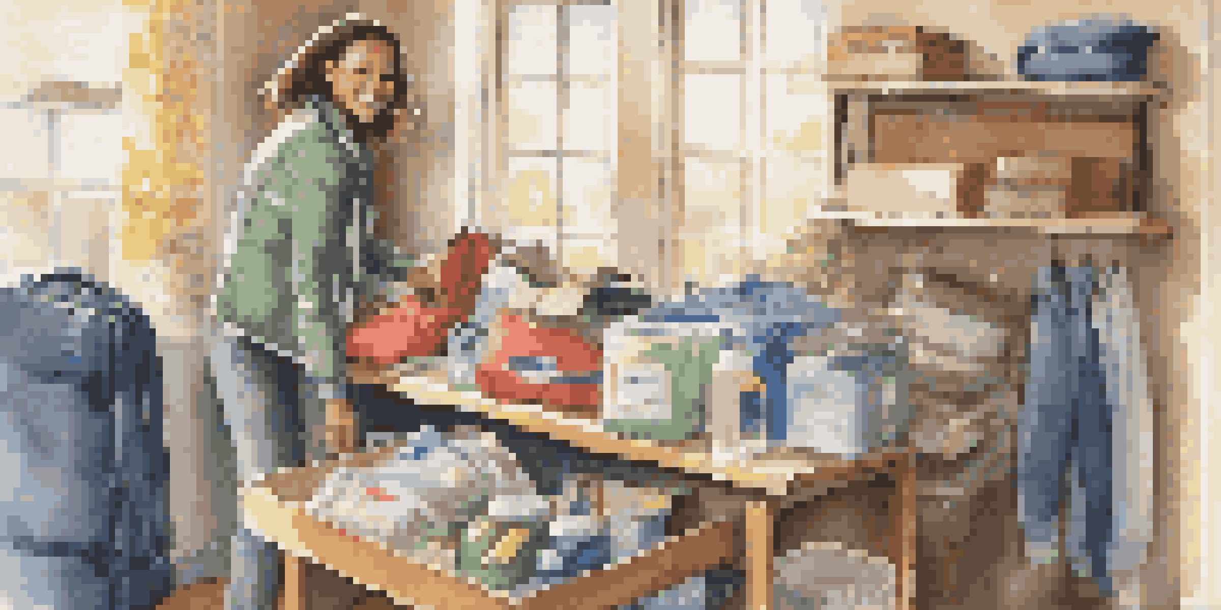 A volunteer packing a backpack with essential items in a cozy room, with sunlight filtering through a window.