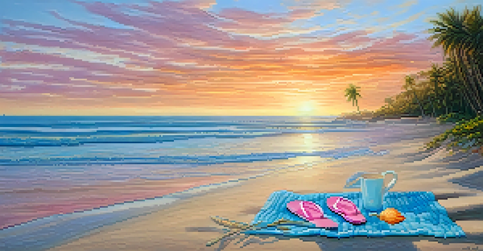 A peaceful beach at sunrise with pastel colors in the water, seashells on the sand, flip-flops, a beach towel, and a palm tree.