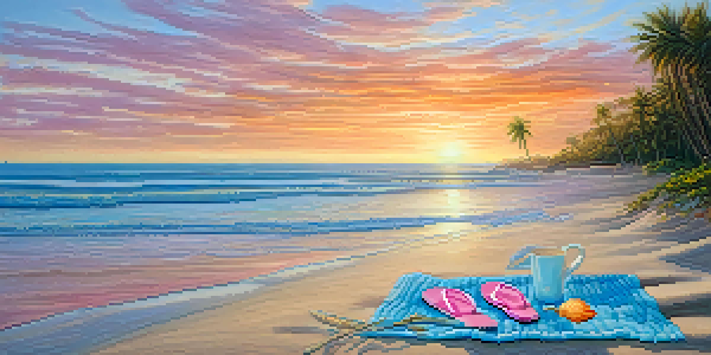 A peaceful beach at sunrise with pastel colors in the water, seashells on the sand, flip-flops, a beach towel, and a palm tree.