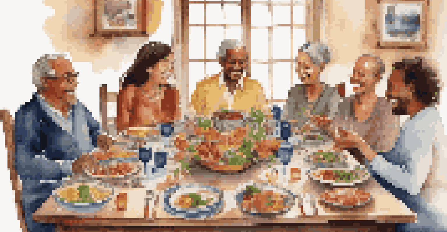 A dining table set with traditional dishes, surrounded by friends enjoying a meal together.