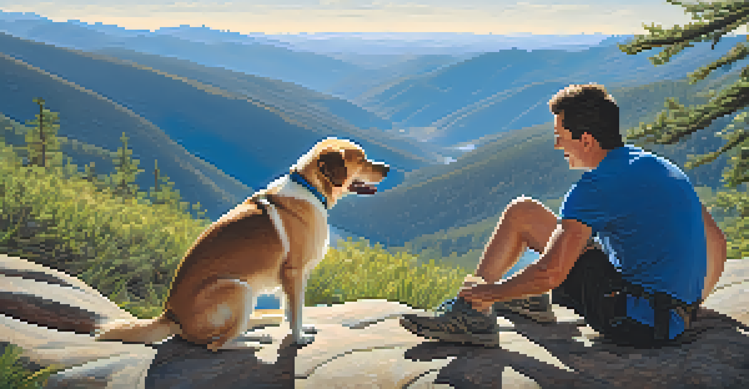 A pet owner and their dog at the summit of a mountain trail, enjoying breathtaking views of the surrounding landscape.