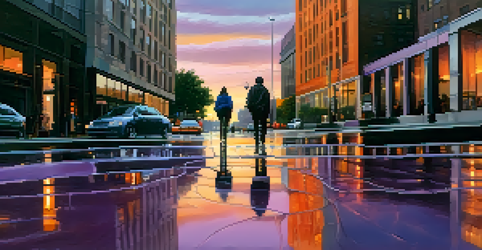 A cityscape at dusk with a glass building reflecting colorful lights and people walking in the rain.
