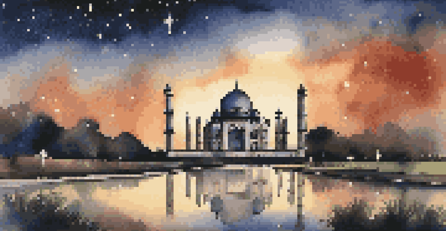 The Taj Mahal at night under a starry sky, beautifully lit with visitors enjoying the scenery.