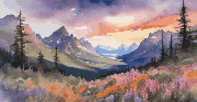 A stunning sunset over Glacier National Park, with rugged mountains and colorful wildflowers in the foreground.