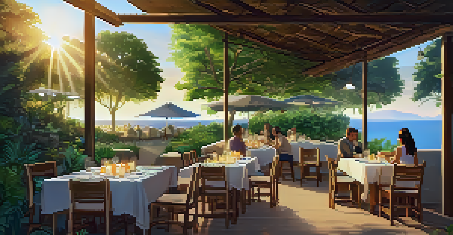 Outdoor dining area at an eco-friendly hotel with wooden tables, guests enjoying meals, and solar lights amidst lush greenery during sunset.
