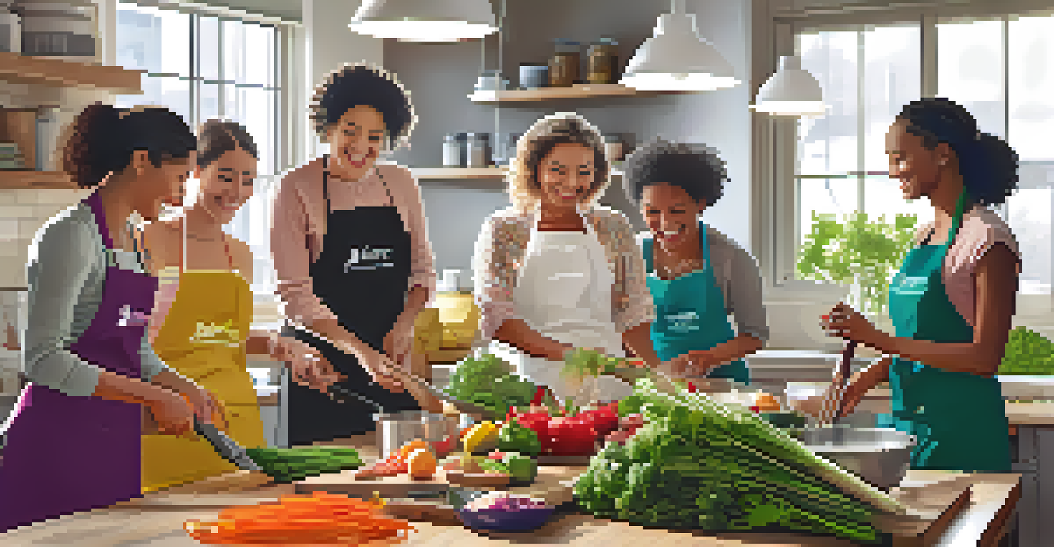 Participants in a colorful cooking class in a bright kitchen, chopping vegetables and sharing laughter, surrounded by fresh ingredients.