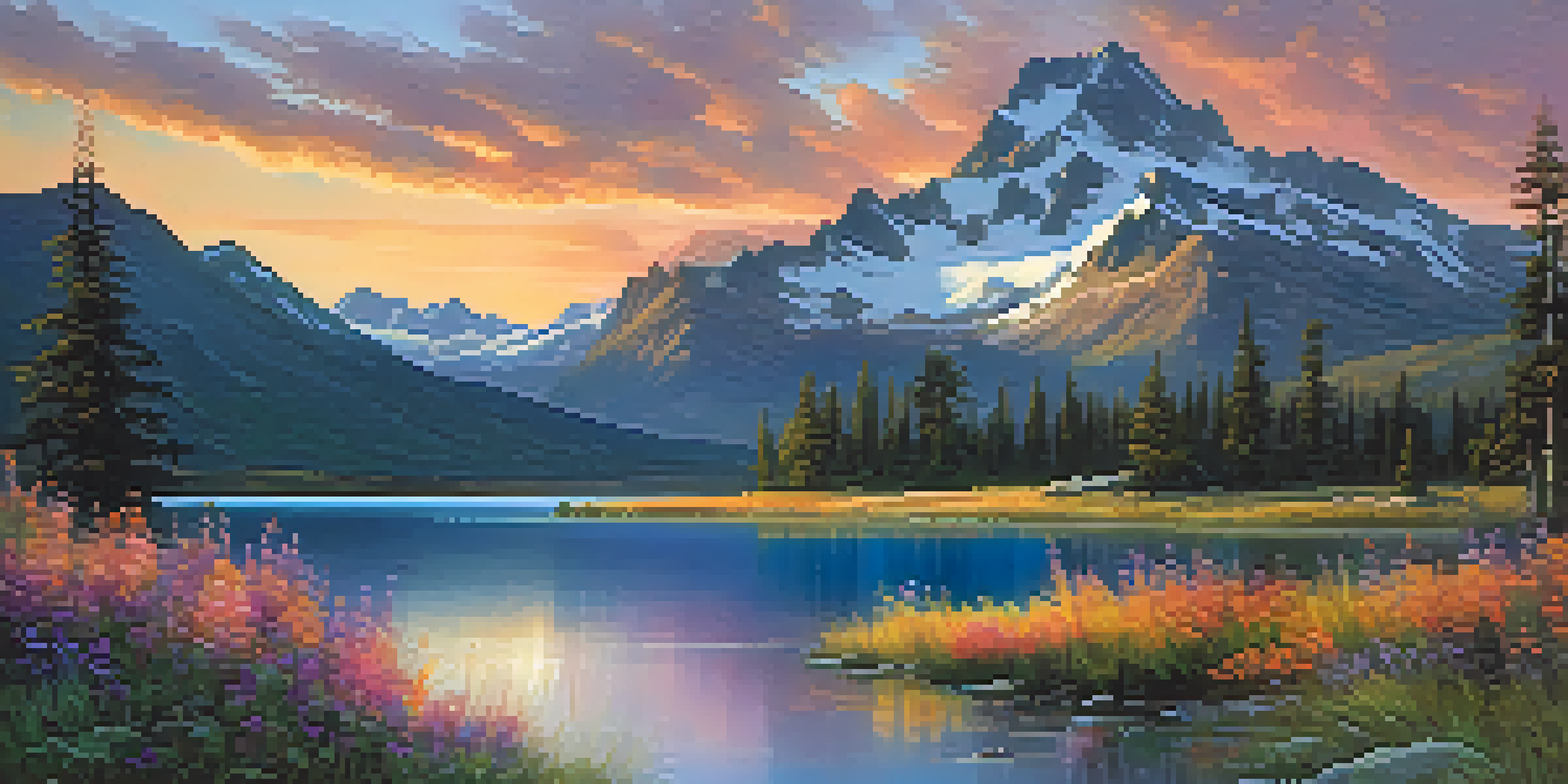 A tranquil mountain scene at sunset with colorful sky reflections in a lake and wildflowers in the foreground.