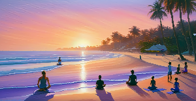 A peaceful beach at sunrise with a yoga instructor and participants practicing yoga on the sand, surrounded by palm trees.
