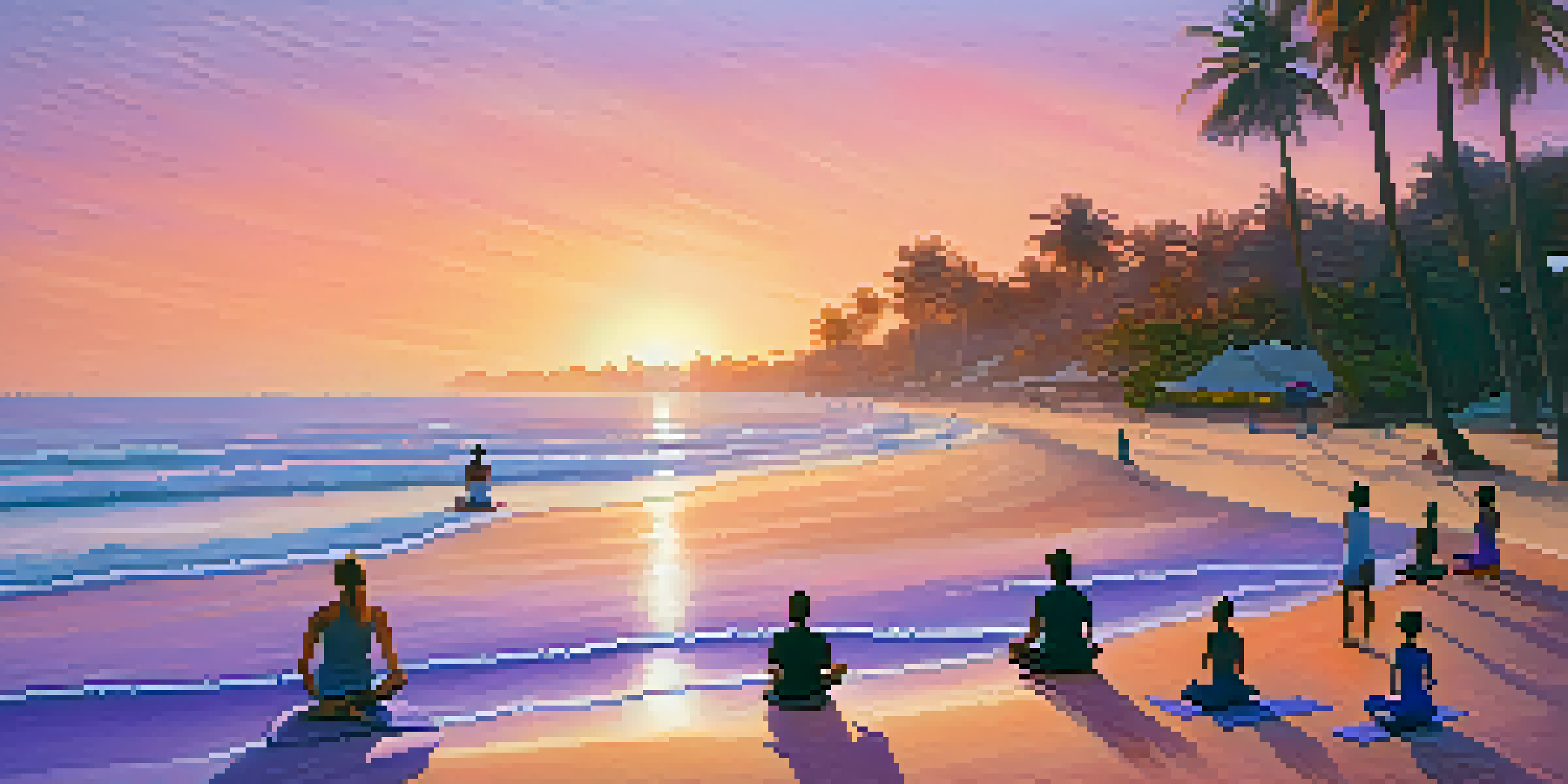 A peaceful beach at sunrise with a yoga instructor and participants practicing yoga on the sand, surrounded by palm trees.