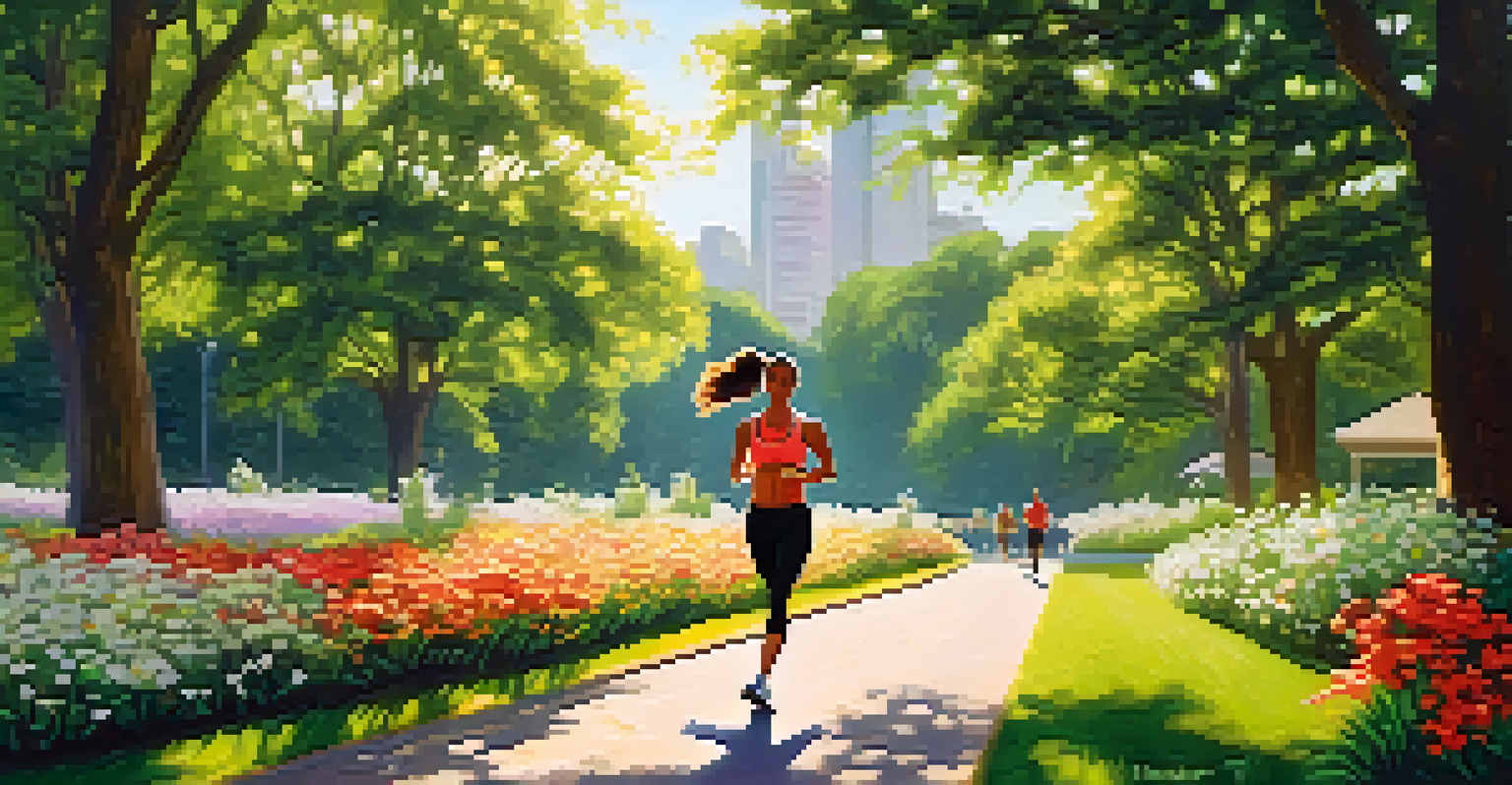 A traveler jogging in a park on a sunny day, surrounded by nature and other people exercising, highlighting an active lifestyle.